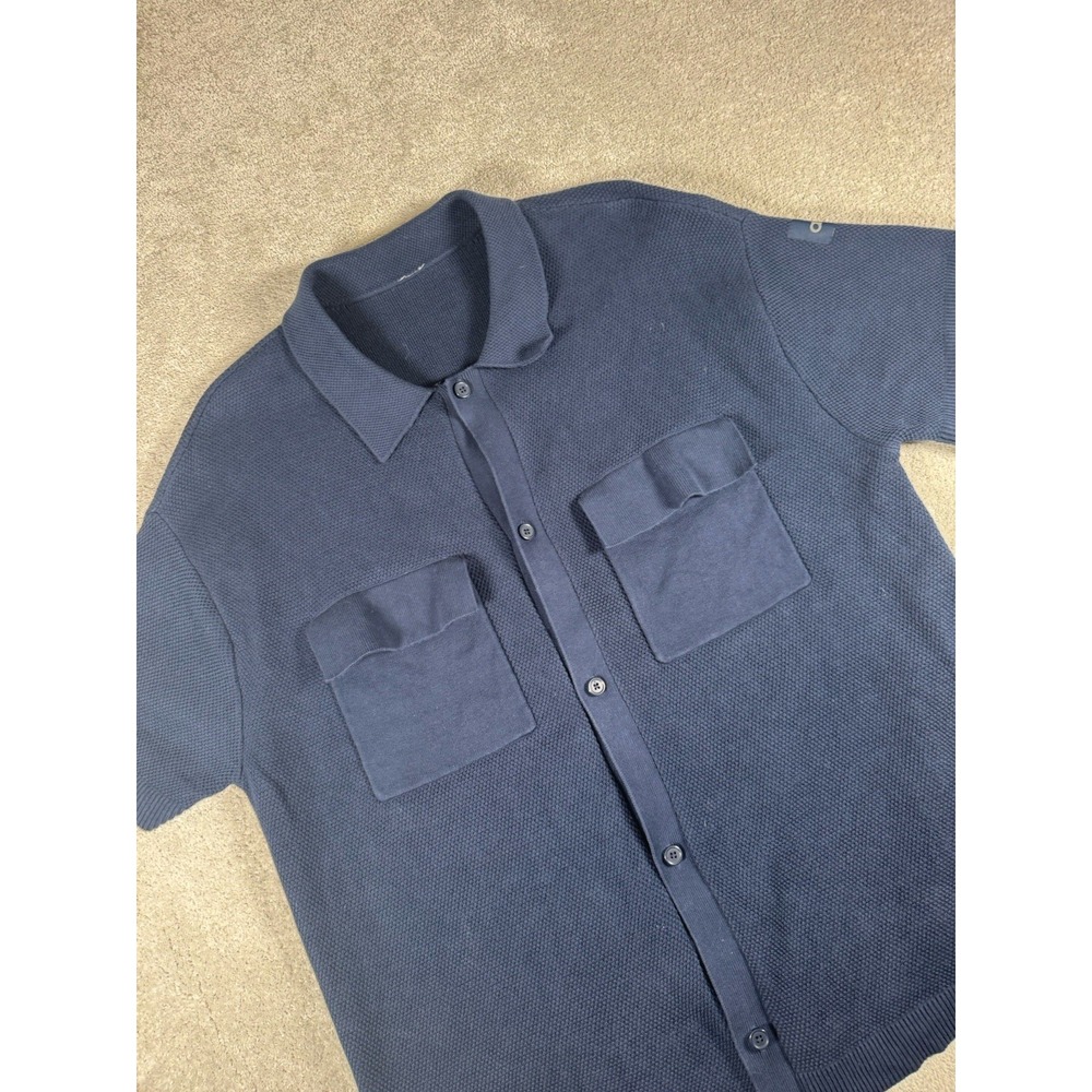 ALO Yoga Sports Club Sweater‎ Knit Short Sleeve Button Up in Navy Blue XL***